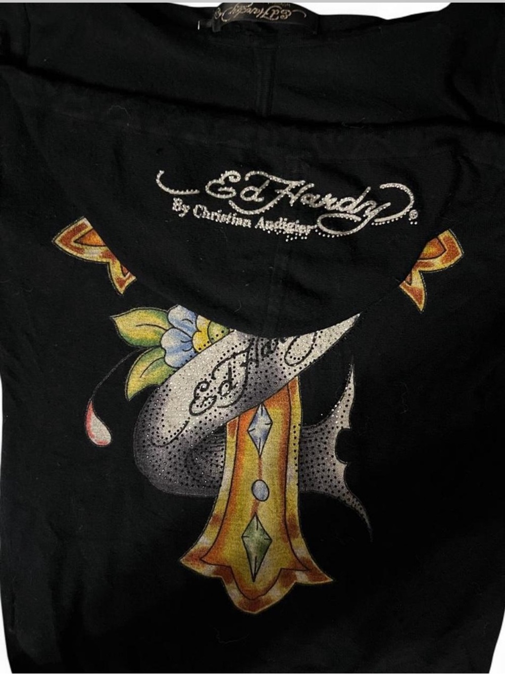Ed Hardy Black Hooded Jacket with Colorful Skull & Floral Graphic